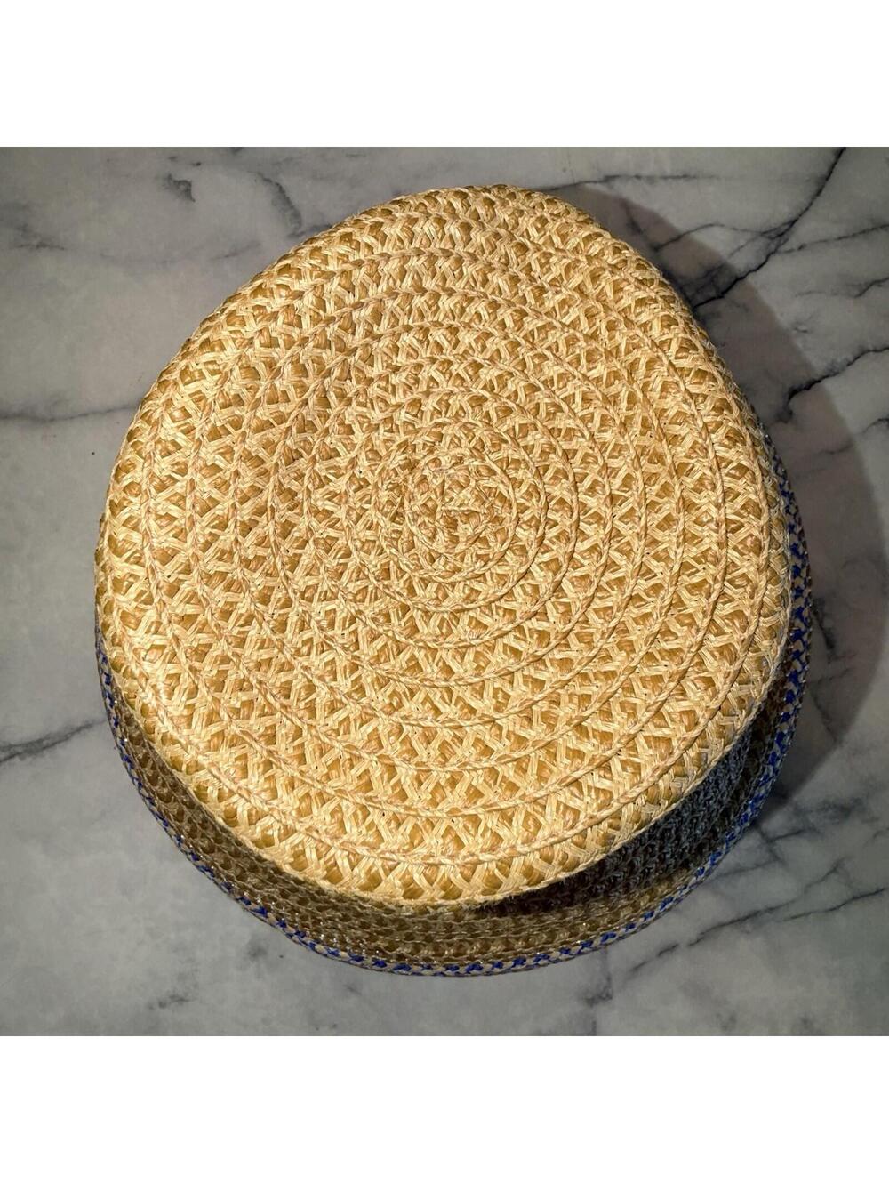 Eric Javits Woven Raffia Straw Hat UPF 50+ Packable Squishee Bucket Beige Blue - Picture 2 of 8